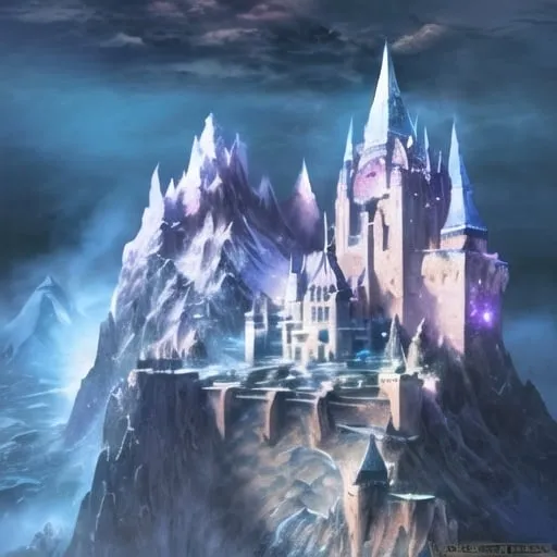 Prompt: Castle made of stone, blue roofs, supernatural mountain, snowy tundra, 4 icy peaks, medieval snowy city, game-Minecraft style, detailed textures, snowy landscapes, mystical atmosphere, high quality, vibrant colors, blocky style, atmospheric lighting