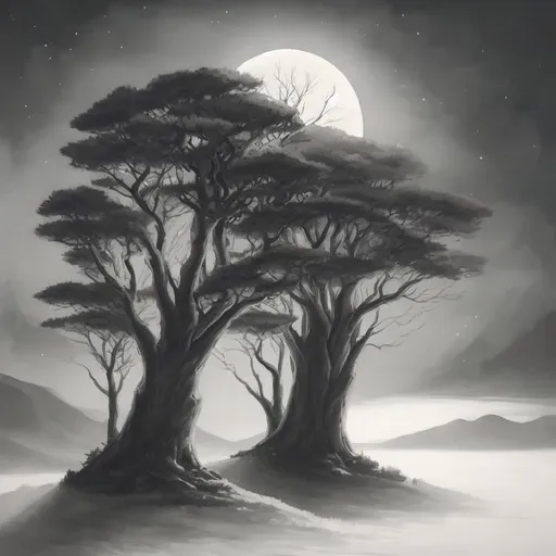 Prompt: Moonlit night landscape with two majestic trees on hills, detailed moonlight reflections, serene atmosphere, high quality, realistic, traditional art style, cool tones, detailed trees, moonlit glow, tranquil setting, atmospheric lighting, serene, traditional, detailed, moonlit night, landscape, two trees, hills, realistic