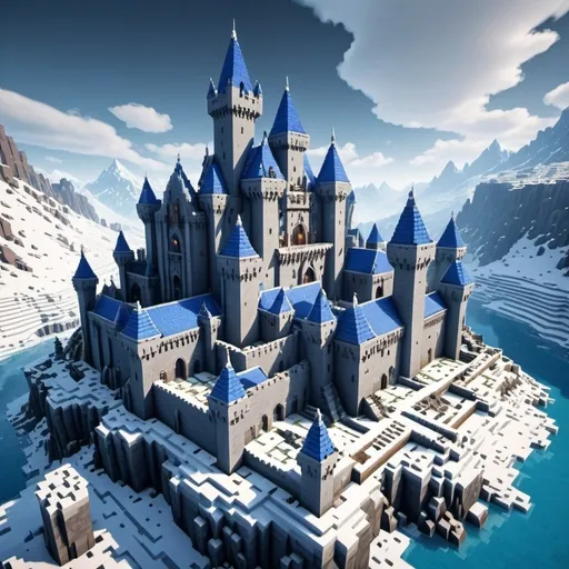 Prompt: Castle made of stone, blue roofs, supernatural mountain, snowy tundra, 4 icy peaks, medieval snowy city, game-Minecraft style, detailed textures, snowy landscapes, mystical atmosphere, high quality, vibrant colors, blocky style, atmospheric lighting