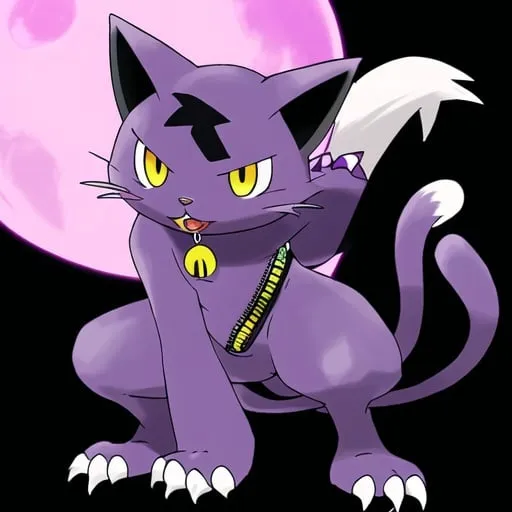 Prompt: an anthropomorphic purple-furred cat with black eyes, triangular ears, a black nose and a very long tail. His paws are a darker shade of purple, similar to the insides of his ears with a yellow moon charm, a zipper vertically on his chest, with sharp claws