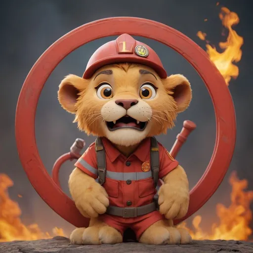 Prompt: Can you create an image of a character inspired by lion, fire fighter, aircraft, circle frame