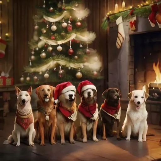 Prompt: {{Ten dogs, unsharp mask 1.0}}, plenty of dogs, wearing with clothes, dogs are celebrating Christmas, ancient times, photorealistic, cinematic, uhd, 8k, perfect image, masterpiece