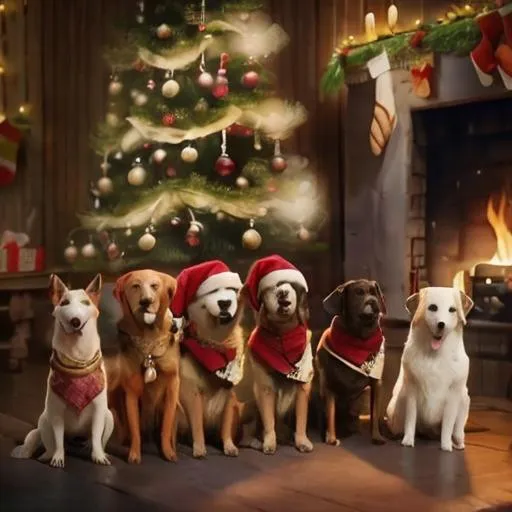 Prompt: {{Ten dogs, unsharp mask 1.0}}, plenty of dogs, wearing with clothes, dogs are celebrating Christmas, ancient times, photorealistic, cinematic, uhd, 8k, perfect image, masterpiece