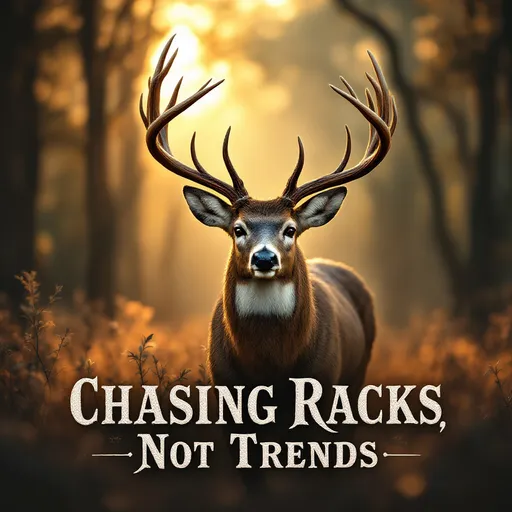 Prompt: make a graphic of a whitetail deer with it focused on the rack, and integrated with the text chasing racks, not trends for a t shirt design.