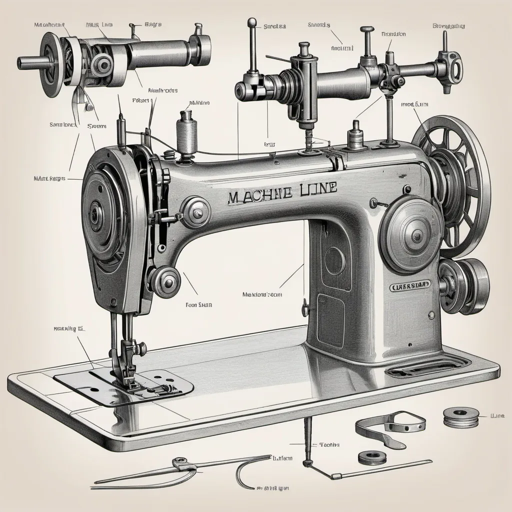 Prompt: domestic sewing maching line drawing showing machine parts