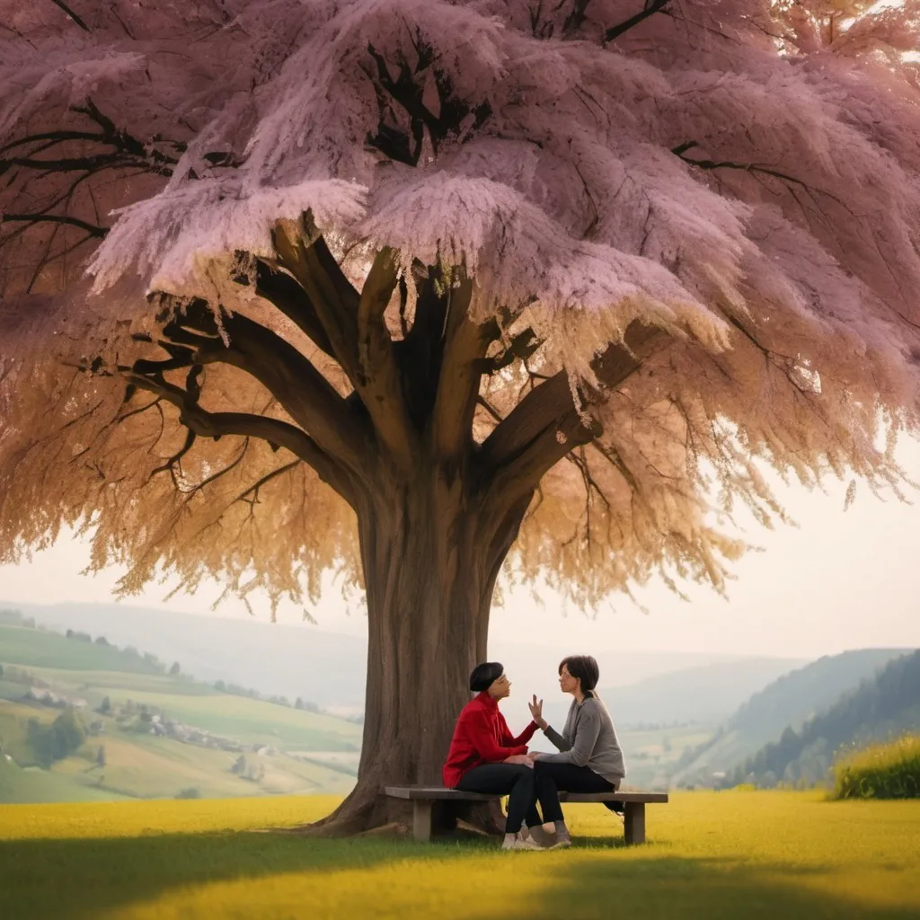 Prompt: Persons talking each other under a beautiful tree