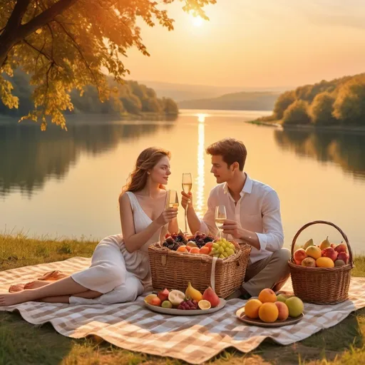 Prompt: UM LINDO PIQUENIQUE COM TOALHA QUADRICULADA, CESTA, OMBRELONE, COM UM HOMEM E UMA MULHER COM ROUPAS LEVES, POR DO SOL COM FUNDO DE REPRESA, MUITAS COMIDAS E FURTAS E CHAMPAGNE