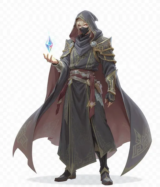 Prompt: Anime-style male ( full body)mage with longer robes, faint runes glowing on sleeves, small metallic shoulder pads, half-hooded, a small black half-mask covering mouth only. Magic crystal hovering above hand. Transparent background.