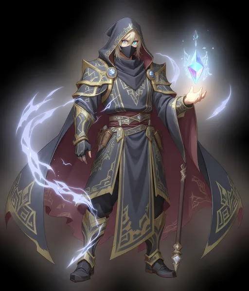 Prompt: Anime-style male mage with royal-looking robes of black and gold, heavy magical energy radiating from hands, advanced half-face mask covering lower face and one glowing eye. Floating magic runes. Transparent background