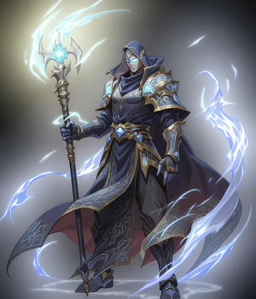 Prompt: Anime-style male mage in ornate black and silver robes, elegant runic details, a full eye-covering mask with energy lines, stronger magical aura, staff topped with glowing orb. Transparent background