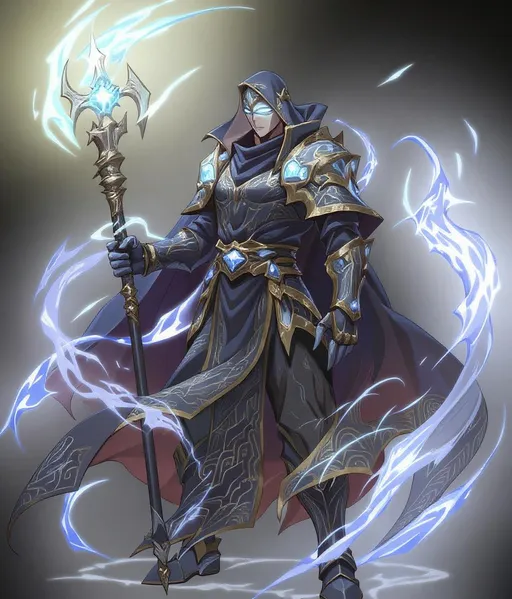 Prompt: Anime-style male mage in long dark robes with golden embroidery, full partial face mask (only mouth visible), glowing sigils on robes and gloves, powerful magical aura in blue and gold. Transparent background.