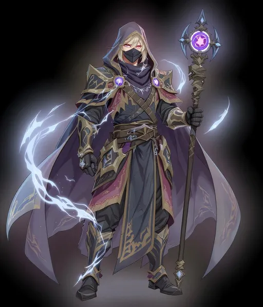 Prompt: Anime-style male mage in long dark robes with golden embroidery, full partial face mask (only mouth visible), glowing sigils on robes and gloves, powerful magical aura in blue and gold. Transparent background.