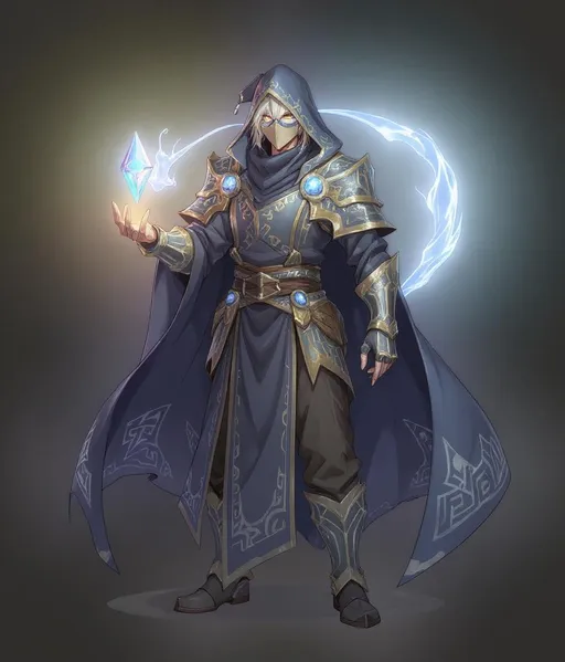 Prompt: Anime-style male full body mage in dark blue and silver robes with glowing runes, metallic mask covering half of face, glowing lines on hands, crystal floating around shoulder. Transparent background. Mid-tier mage look