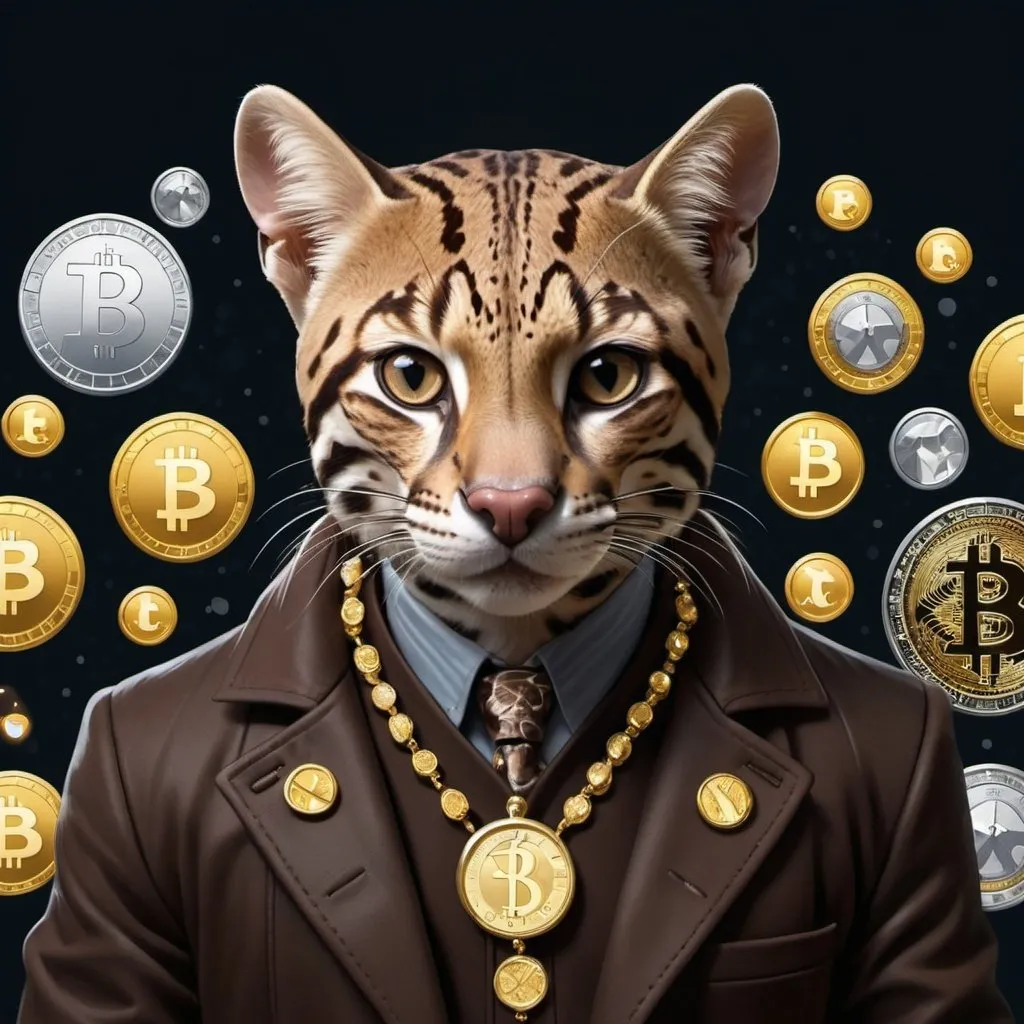 Prompt: An ocelot dressed in a winter long dark brown coat, he is wearing expensive jewelry and a nice watch, on the background he is surrounded by floating crypto currency icons