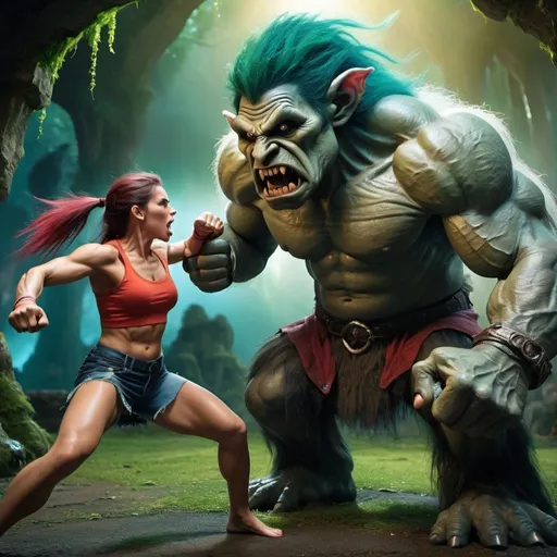 Prompt: a woman is punching a troll