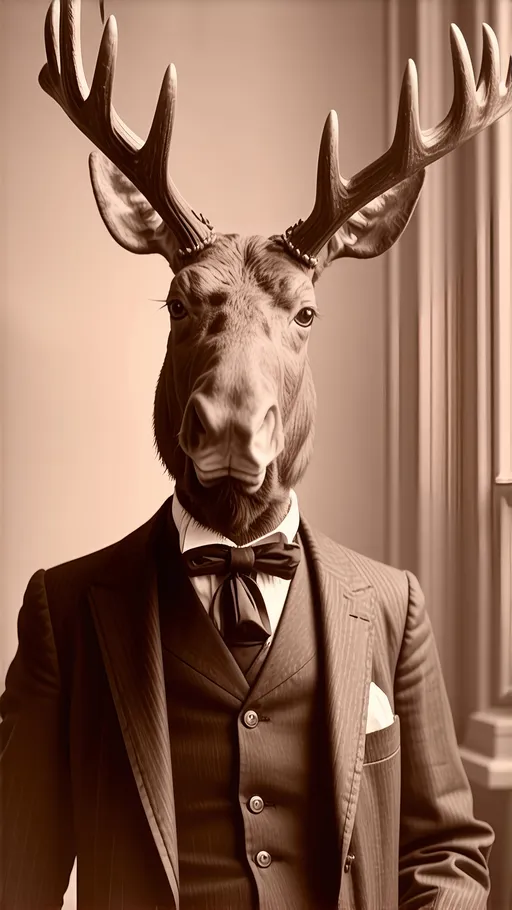 Prompt: sepia-toned Victorian studio portrait of a moose man, soft window light casting gentle shadows, slight film grain, subtle vignetting, shot on an 8×10″ large-format mahogany and brass view camera (c. 1890), fitted with a 300 mm f/3.7 Petzval portrait lens; settings: 1/8 s shutter, f/16 aperture, ISO 50 plate; authentic period feel, high detail, realistic textures
