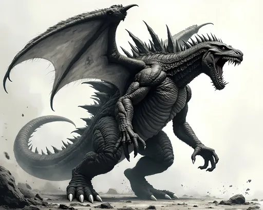 Prompt: A bellowing kaiju; highly detailed, dynamic, exaggerated, intense shadows, sharp angels, dramatic pose, intricate linework