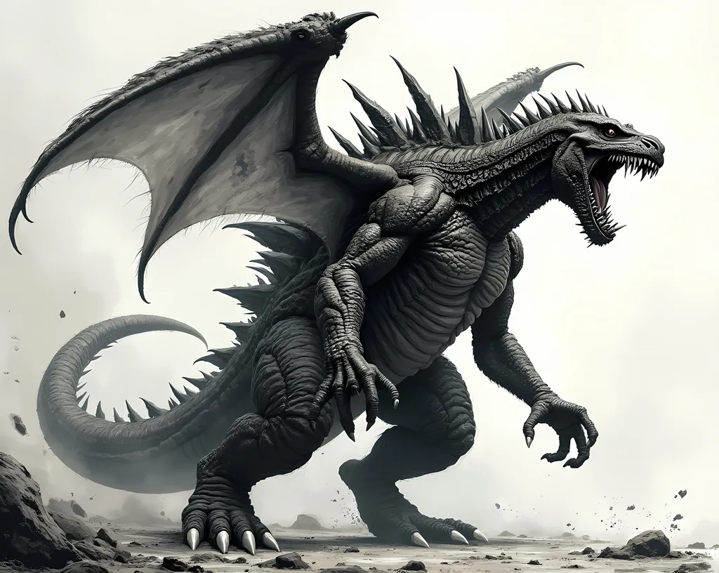 Prompt: A bellowing kaiju; highly detailed, dynamic, exaggerated, intense shadows, sharp angels, dramatic pose, intricate linework
