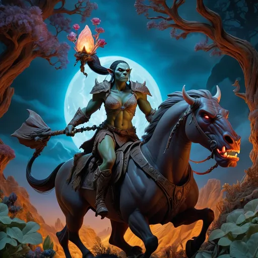 Prompt: (Metis orc and dark elf riding a lithopter), intricate details, dynamic posture, showcasing elegance and strength, (fantastical atmosphere), set against a vast mystical landscape, glowing bioluminescent flora, dramatic lighting, with a contrast of deep shadows and vibrant highlights, (highly detailed), cinematic quality, adventure themed.