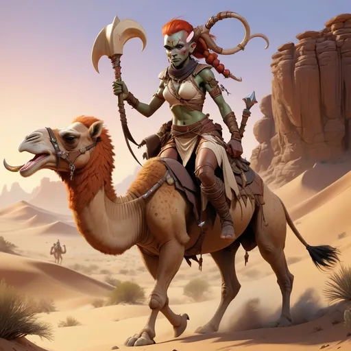 Prompt: (central content: fantasy scene), a camel with a trunk and tusks, an assassin character riding, (freckled redhead half-orc and dark elf), shaved sides with hair styled in a braid, adorned with quail feathers, (vibrant details), (dynamic action pose), (fantastical desert backdrop), warm golden lighting, (highly detailed), (intriguing atmosphere), (expertly illustrated).