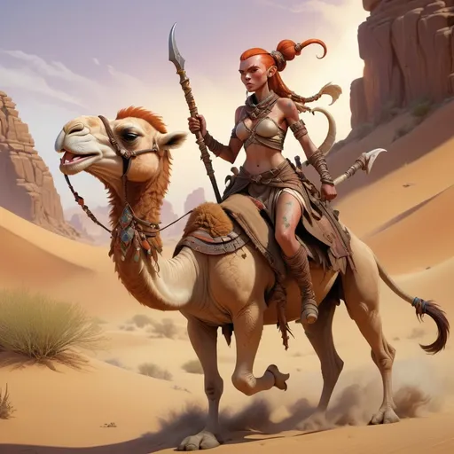 Prompt: (central content: fantasy scene), a camel with a trunk and tusks, an assassin character riding, (freckled redhead half-orc and dark elf), shaved sides with hair styled in a braid, adorned with quail feathers, (vibrant details), (dynamic action pose), (fantastical desert backdrop), warm golden lighting, (highly detailed), (intriguing atmosphere), (expertly illustrated).