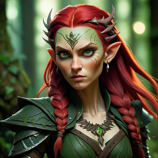 Prompt: (assassin with shaved temples), striking red hair, intricate outfit blending orcish, forest elven, and dark elven styles, bold and fierce expression, mystical forest background, deep green and earthy tones, hints of magical energy, (highly detailed), atmospheric lighting casting a dramatic glow, cinematic ambiance, emphasizing the character's unique heritage and strength.