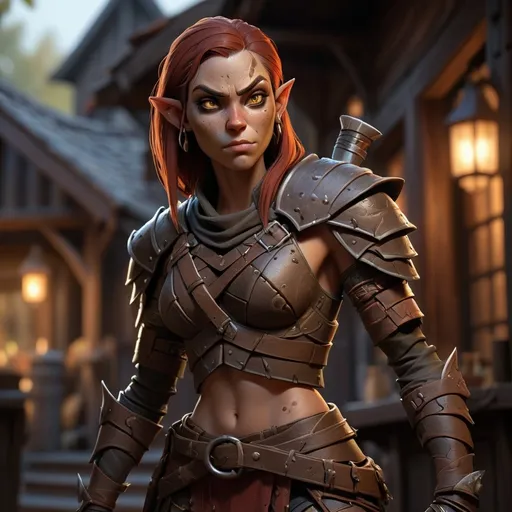 Prompt: (detailed character design), a freckled female assassin, dark elf and orc hybrid, wearing intricate leather armor, dual daggers drawn, standing confidently on the tavern's doorstep, shadows casting dramatic shapes, warm ambient lighting reflecting on worn wooden surfaces, atmospheric twilight scene, inviting yet mysterious, ultra-detailed, fantasy aesthetic, mood balancing tension and allure.