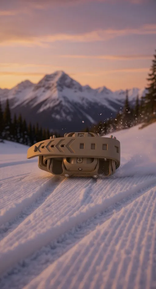 Prompt: A sleek ski accessory product render (CLIPSTIC+), Pantone 4252 C colorway (lichte zand / beige-achtige ondertoon), placed on a high alpine slope at golden hour, compact groomed snow with corduroy texture, two deep parallel carved tracks bending elegantly through the slope, snow spraying up from the outside edge of the turn as if a skier just passed but no skier visible, dramatic sky gradient from warm orange → pink → soft mauve, mountain peaks bathed in warm sunset light, soft glowing ambient backlight, ultra-detailed, hyper realistic, premium product photography, centered composition, magical and refined mood, professional product render style