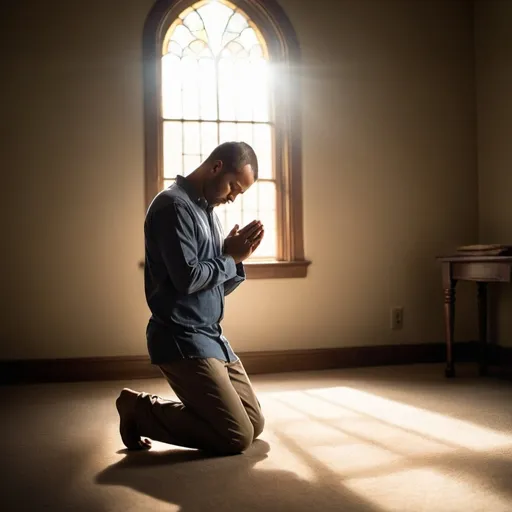 Prompt: A man kneeling in prayer in a dimly lit room, his hands clasped together and eyes closed in deep faith. The atmosphere is serene, with soft rays of light streaming through a window, symbolizing divine presence. The man’s expression is one of hope and anticipation as he earnestly asks God for a wife.