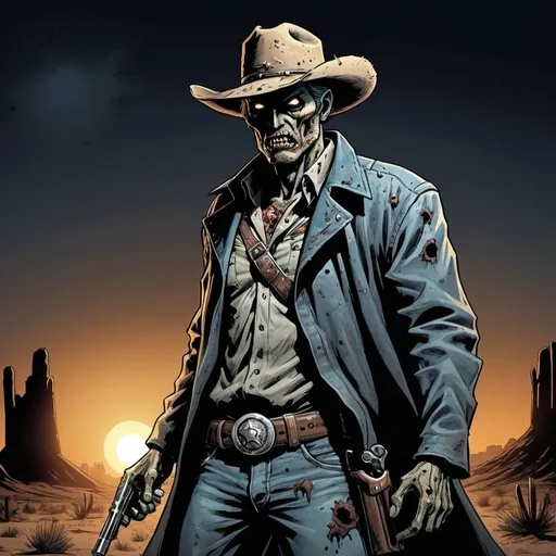 Prompt: Zombie cowboy superhero in comic book style, night desert setting, pointing revolver, detailed undead features, intense and glowing eyes, dynamic action pose, rugged and weathered appearance, high-quality illustration, detailed comic book style, dark and ominous lighting, desert night scene, glowing eyes, gritty texture, supernatural, intense atmosphere, superhero, cowboy, undead, revolver, dynamic pose, comic book style, detailed, high quality, night setting, dark lighting