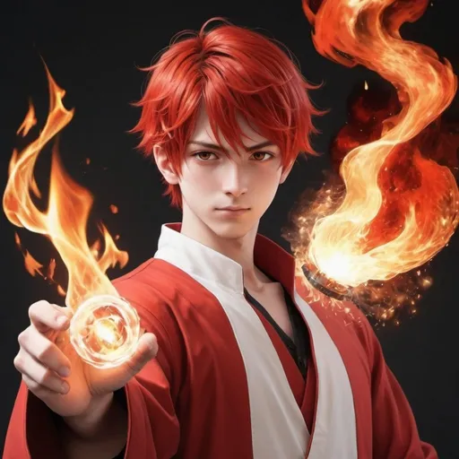 Prompt: anime realistic guy that can use fire magic , with red and white theme