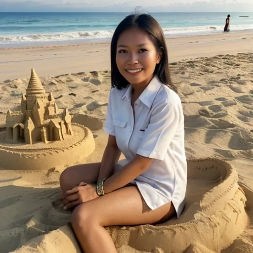 Prompt: indonesian woman sitting in front of a sand castle on the beach, sand sculpture, sandcastle, extremely detailed sand white shirt, there is an engraving of the words EDITING DONG VOL2, 8k hd realistik clear face facing forward while smiling