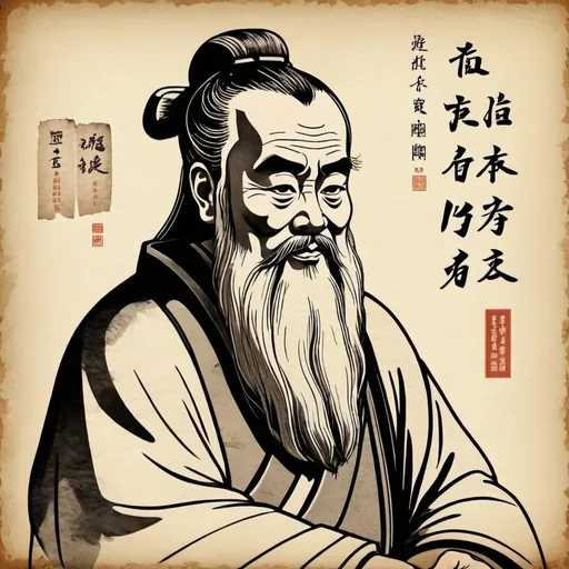 Prompt: Can you create an image as a drawing on old cheenise paper of Confucius with discipulus where focus is on confucious. Talking about wisdom. in the nature. 
Image should be as old cheenise art with characters from that time.