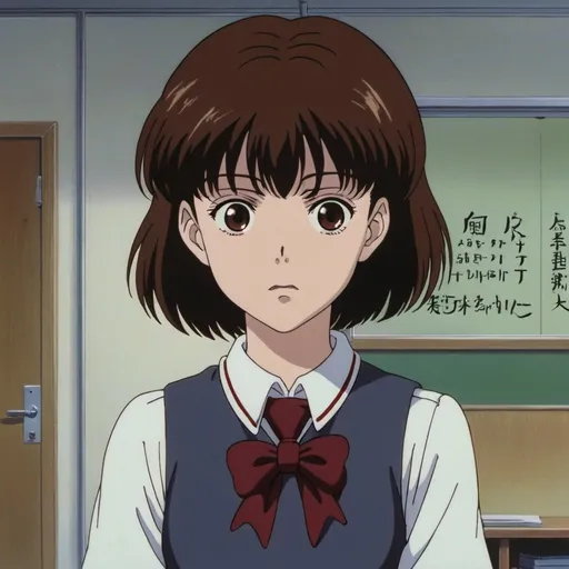 Prompt: 1990s anime screencap, a school girl, anime scene, short brown hair, ghost, horror, scary anime