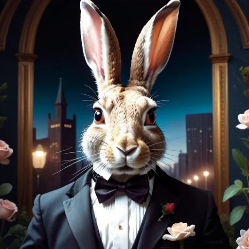 Prompt: Anthropomorphic hare in tuxedo
