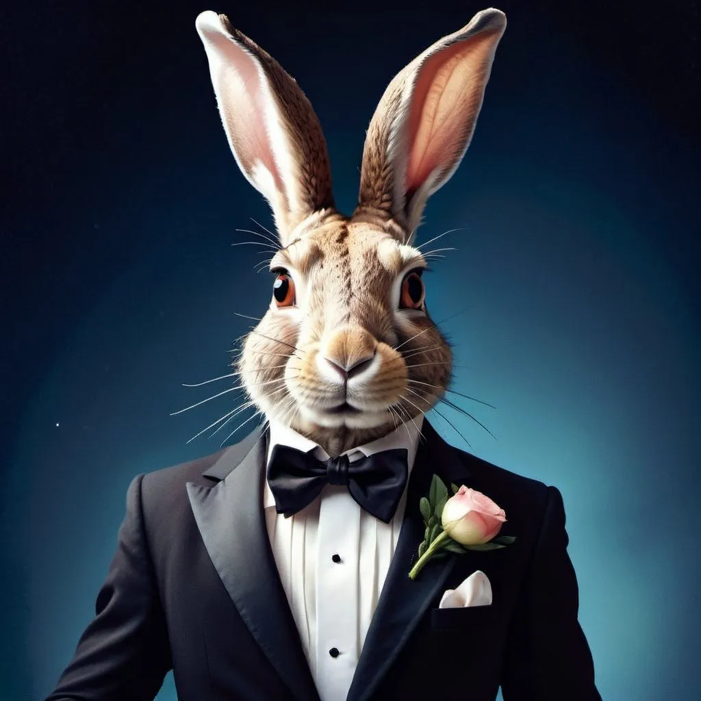 Prompt: Anthropomorphic hare in tuxedo