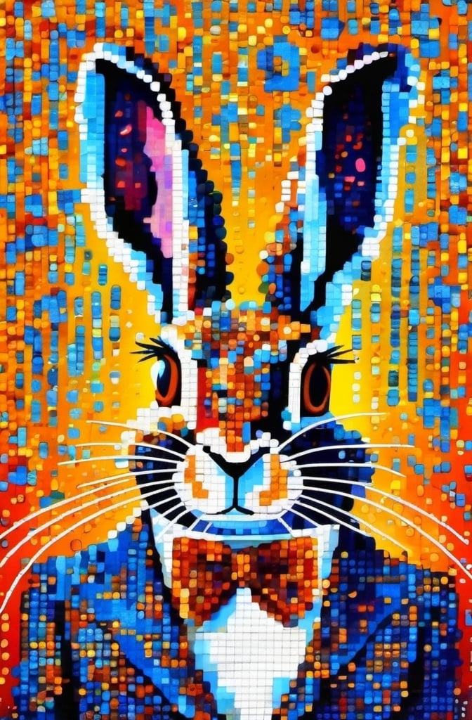 Prompt: A portrait painting of a hare, anthropomorphic, in tuxedo, in the pointillism style of Claude Monet, oil painting.