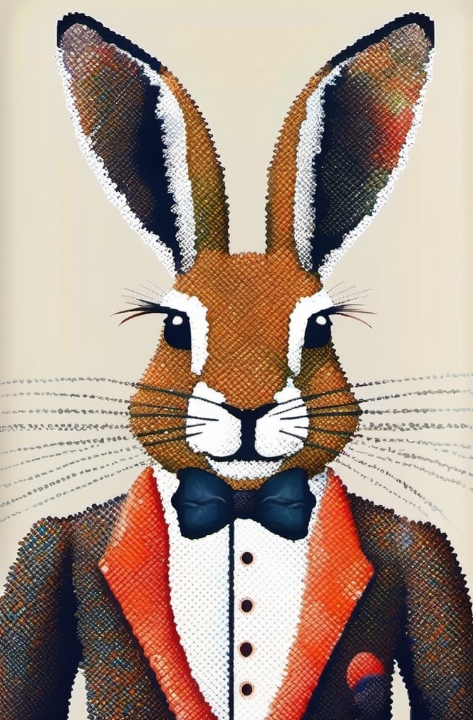 Prompt: A portrait painting of a hare, anthropomorphic, in tuxedo, in the pointillism style of Claude Monet, oil painting.