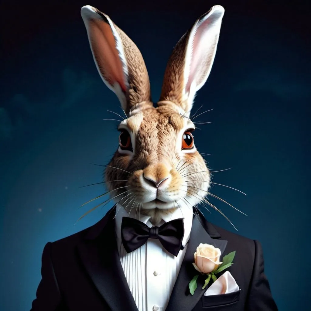 Prompt: Anthropomorphic hare in tuxedo