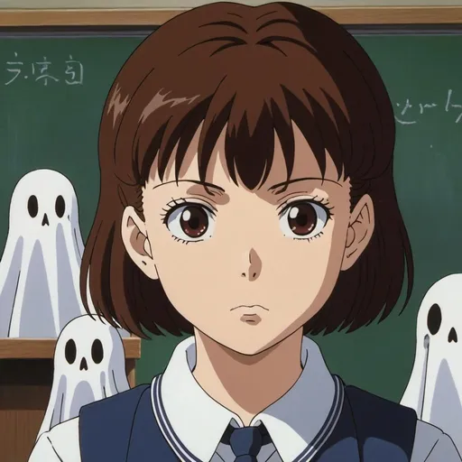 Prompt: 1990s anime screencap, a school girl, anime scene, short brown hair, ghost, horror, scary anime