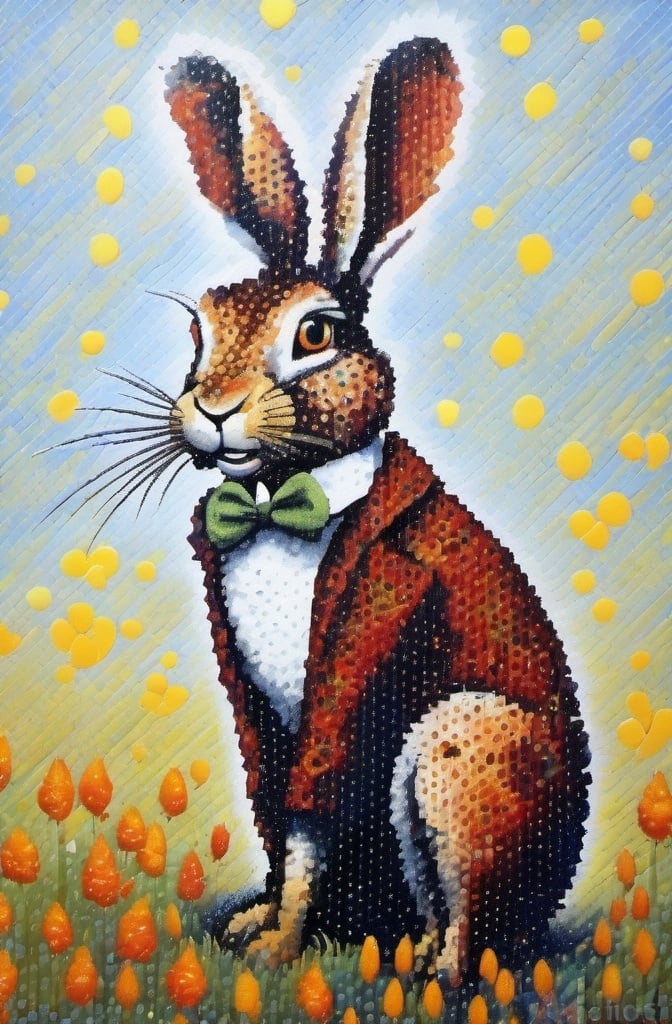 Prompt: A portrait painting of a hare, anthropomorphic, in tuxedo, in the pointillism style of Claude Monet, oil painting.