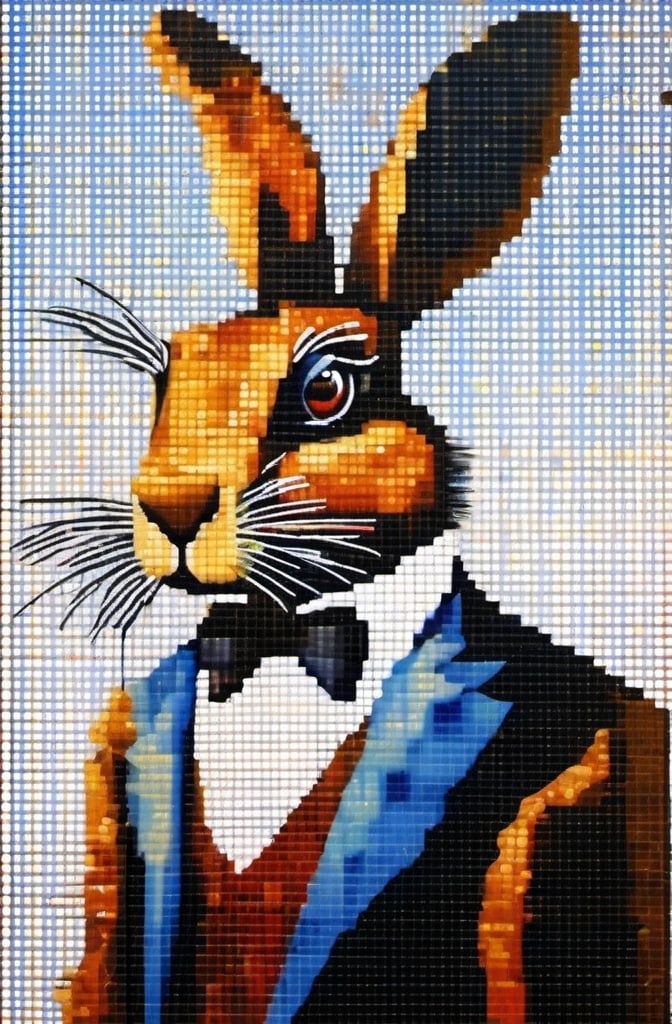 Prompt: A portrait painting of a hare, anthropomorphic, in tuxedo, in the pointillism style of Claude Monet, oil painting.