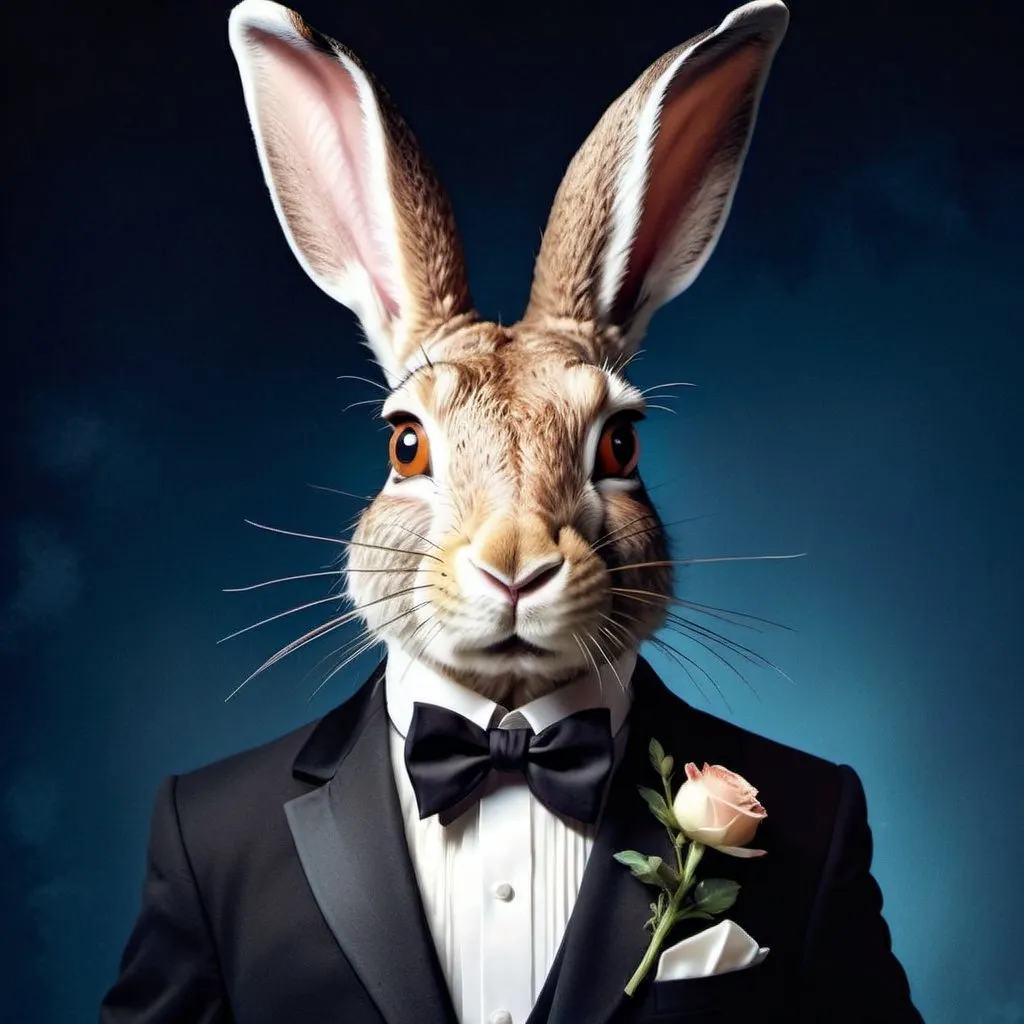 Prompt: Anthropomorphic hare in tuxedo