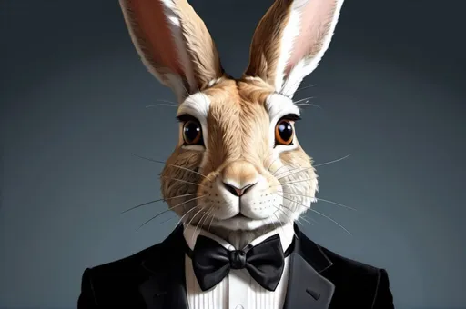 Prompt: Anthropomorphic hare in tuxedo, furry style, anthro, realistic art