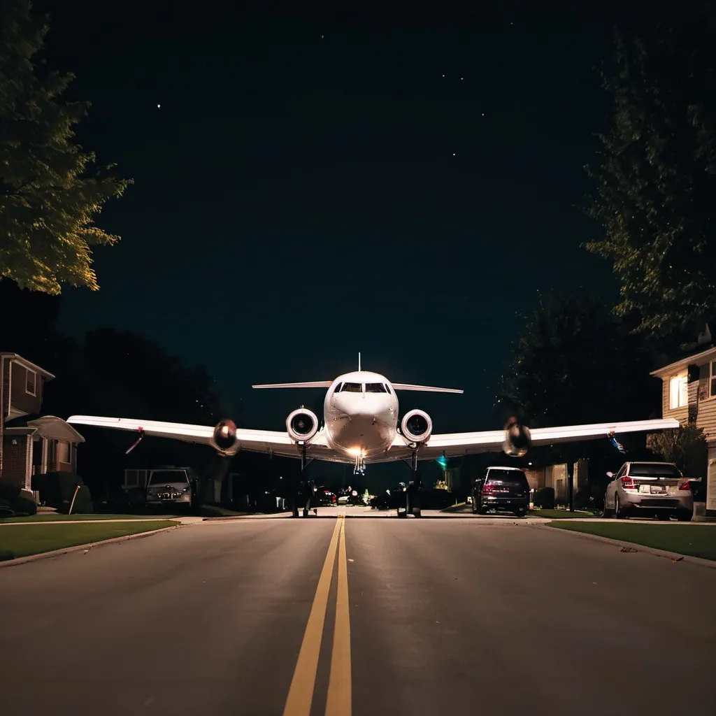 Prompt: landing a plane on a residential street at night