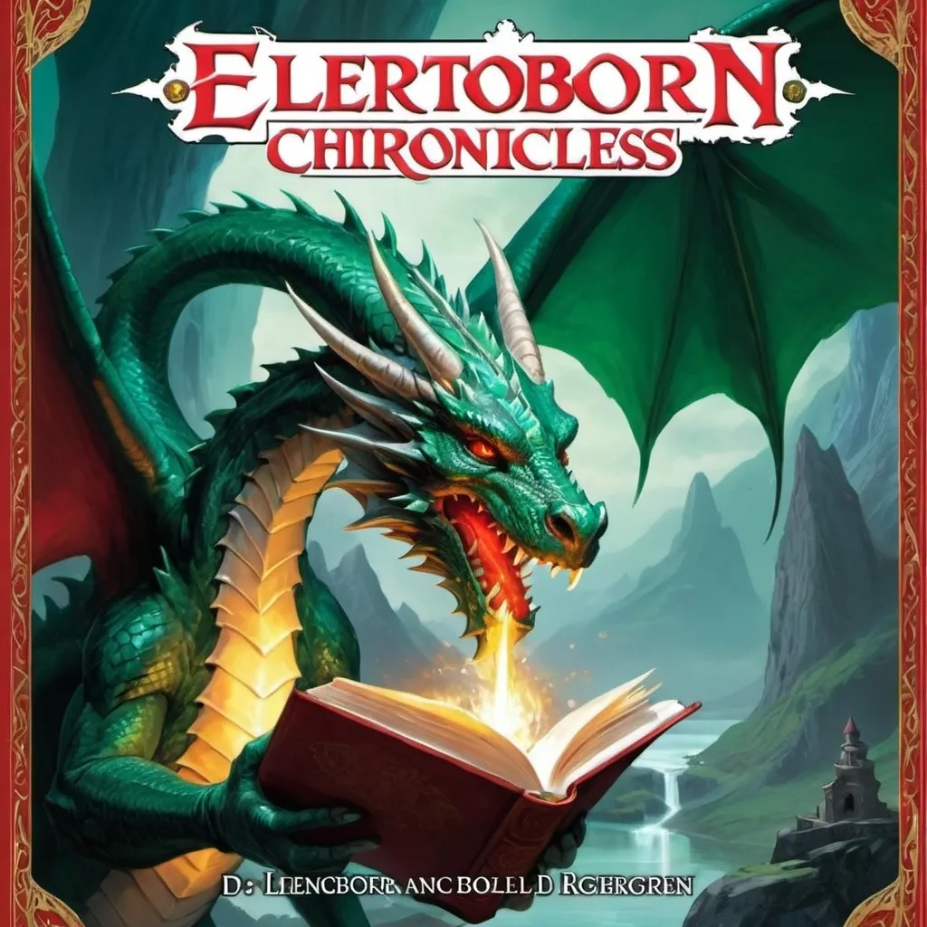 Prompt: (accurately spelled text "Eletroborn Chronicles"), D&D setting book, hard cover, (intimidating) dragon on the front, intricate illustrations, (fantasy) elements, rich colors, (deep emerald green, bright fiery red) for the dragon, atmospheric lighting with shadows, (highly detailed) background with mystical landscapes, captivating and inviting design, (ultra-detailed) book cover art.