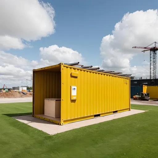 Prompt: A yellow shipping container with an open  side on a building site with grass 