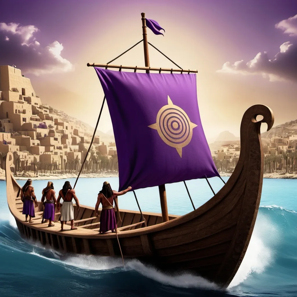 Prompt: Create a book cover for my book Lords of the Sea about the Phoenician people. Have a Phoenician boat,  People trading and murex and the color purple