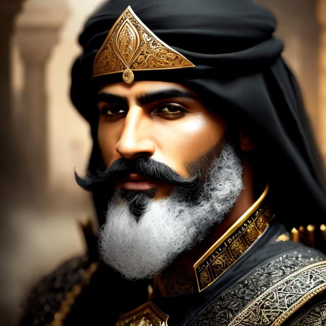 Prompt: portrait splash art of an Arab knight, ,detailed face, black hair, salt and pepper beard, moustache, middle eastern face features, black eyes, black and gold colors, Lion in the background, friendly, elegant, highly detailed, intricate, smooth, chiaroscuro, sharp focus, artstation, digital painting, concept art, art by greg rutkowski, John William Waterhouse, D&D, fantasy, garden