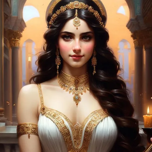 Prompt: portrait splash art of the goddess Aphrodite , detailed face, flowers,  long brown hair, middle eastern face features, black eyes with eyeliner, feminine, pastel colors, friendly, elegant, highly detailed, intricate, smooth, chiaroscuro, sharp focus, artstation, digital painting, concept art, art by greg rutkowski, John William Waterhouse, D&D, fantasy, garden